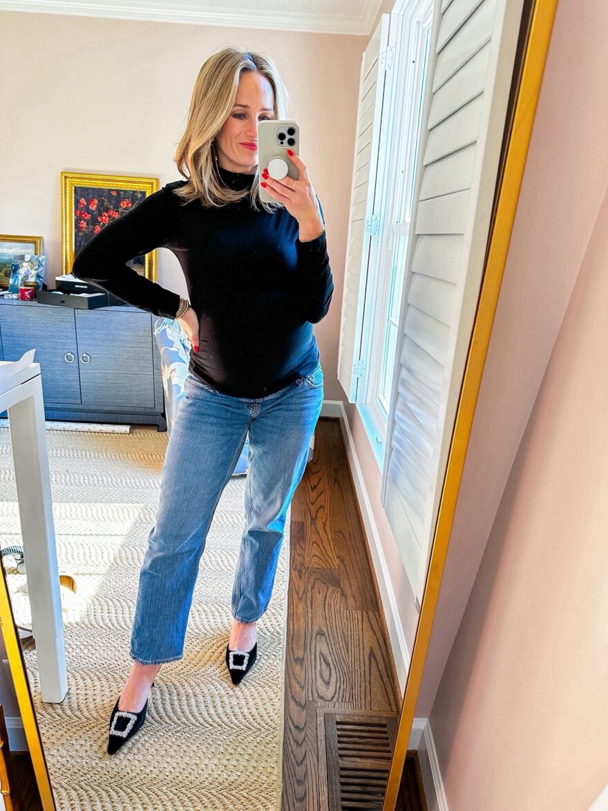 TeriLyn Adams wearing Stretchy Black Turtleneck, non-maternity maternity clothes