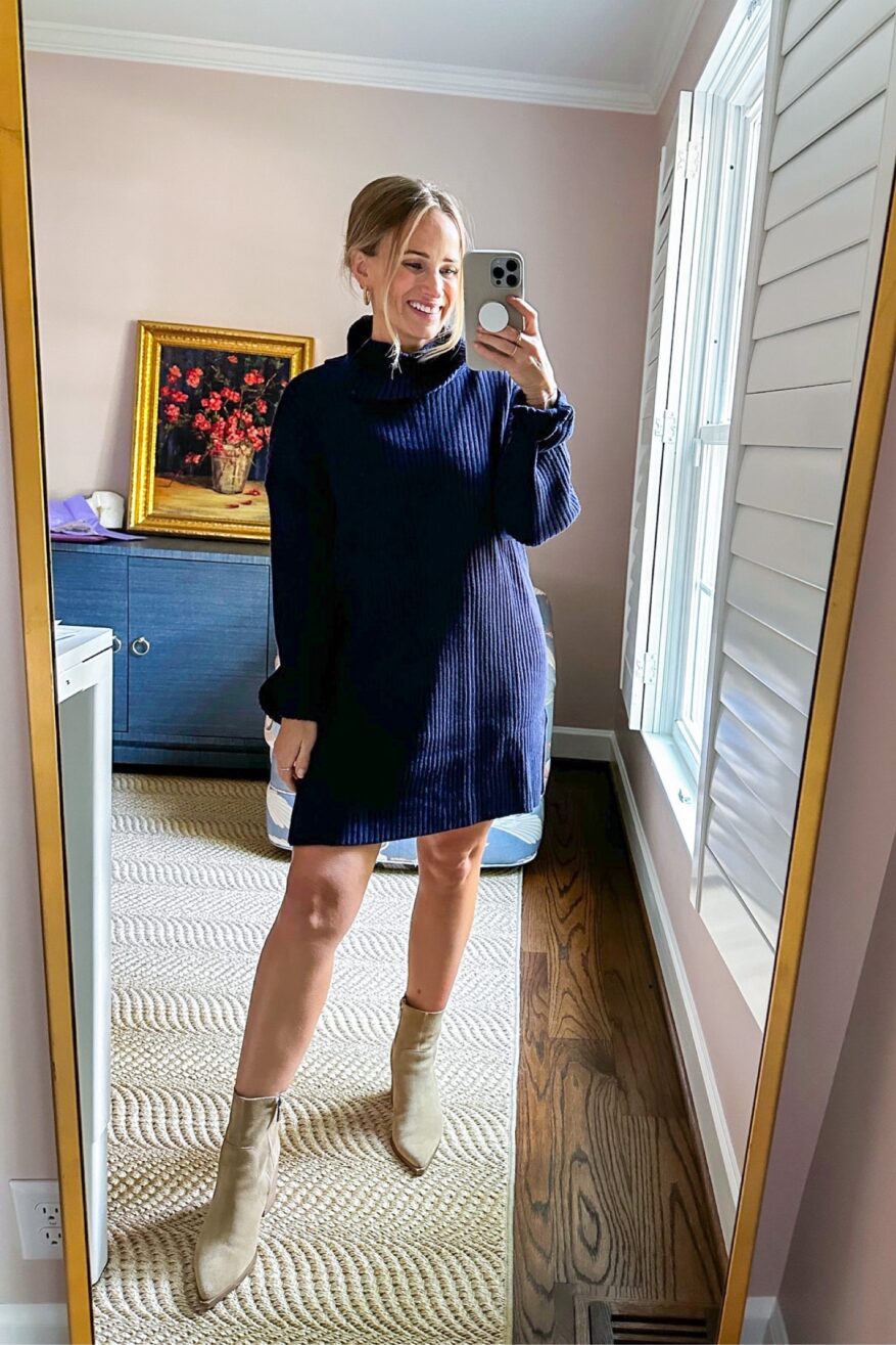 TeriLyn Adams wearing non-maternity maternity clothes, wearing a navy blue turtleneck sweater dress in her second trimester