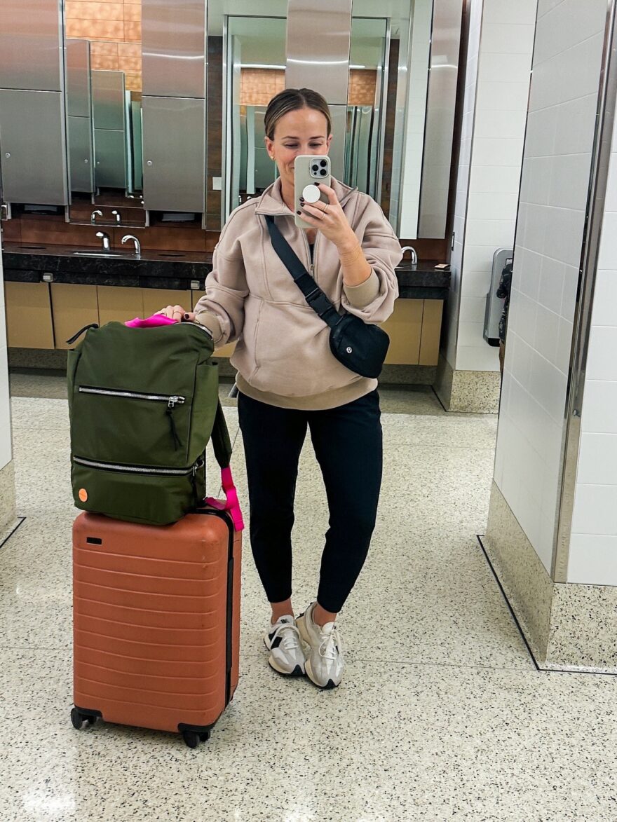 woman wearing Amazon Oversized Half Zip Pullover while traveling