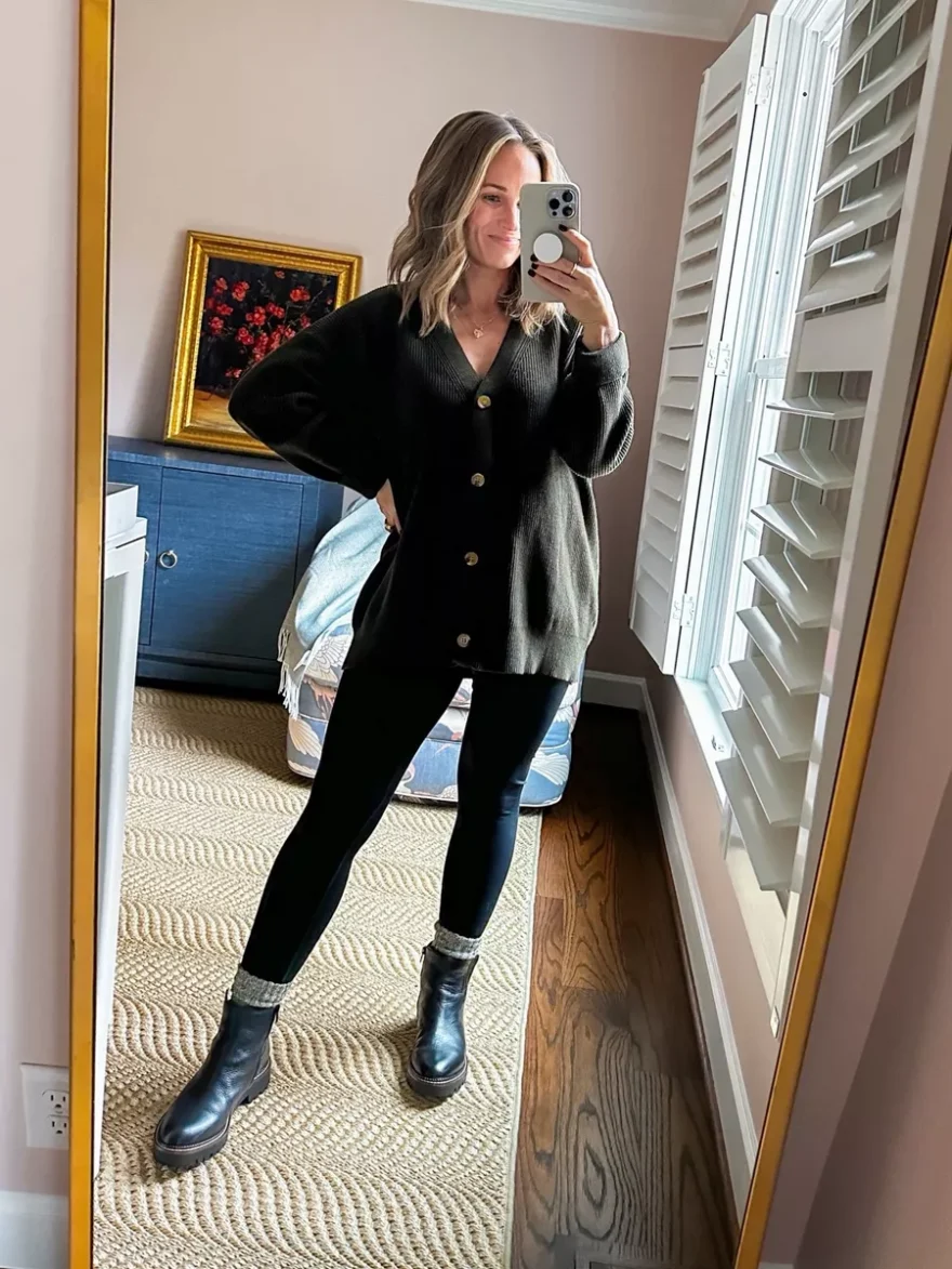 TeriLyn Adams wearing Oversized Open Front Cardigan, leggings, and boots, non-maternity maternity clothes