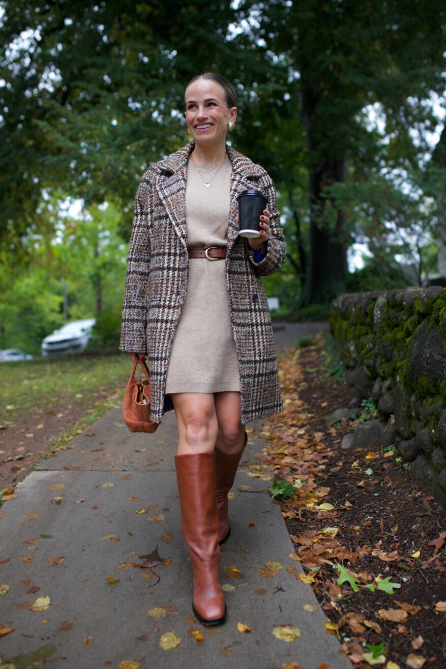 Woman wearing Sandalwood Vivianne Crewneck Dress with boots