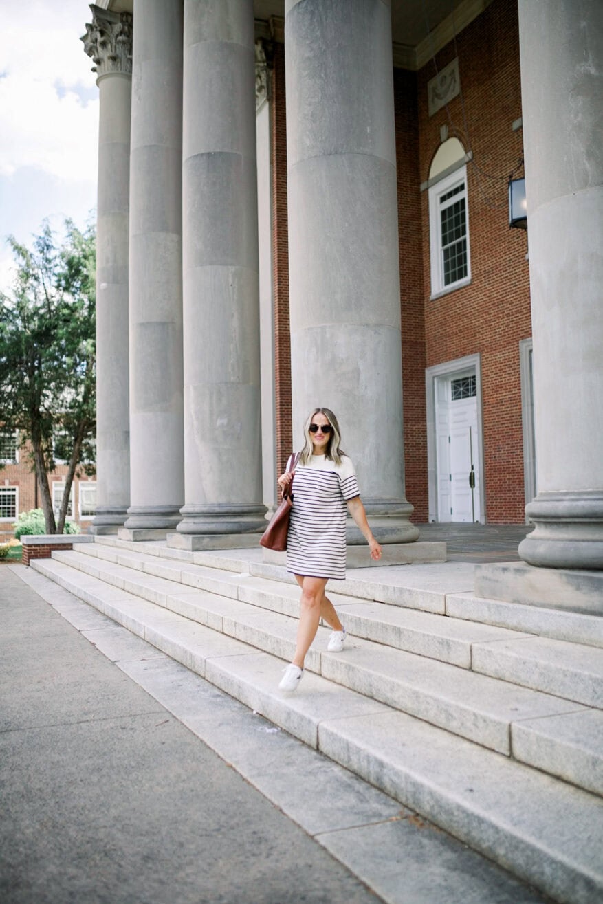 Woman with Tuckernuck's Navy Knit Striped Frenchie Dress