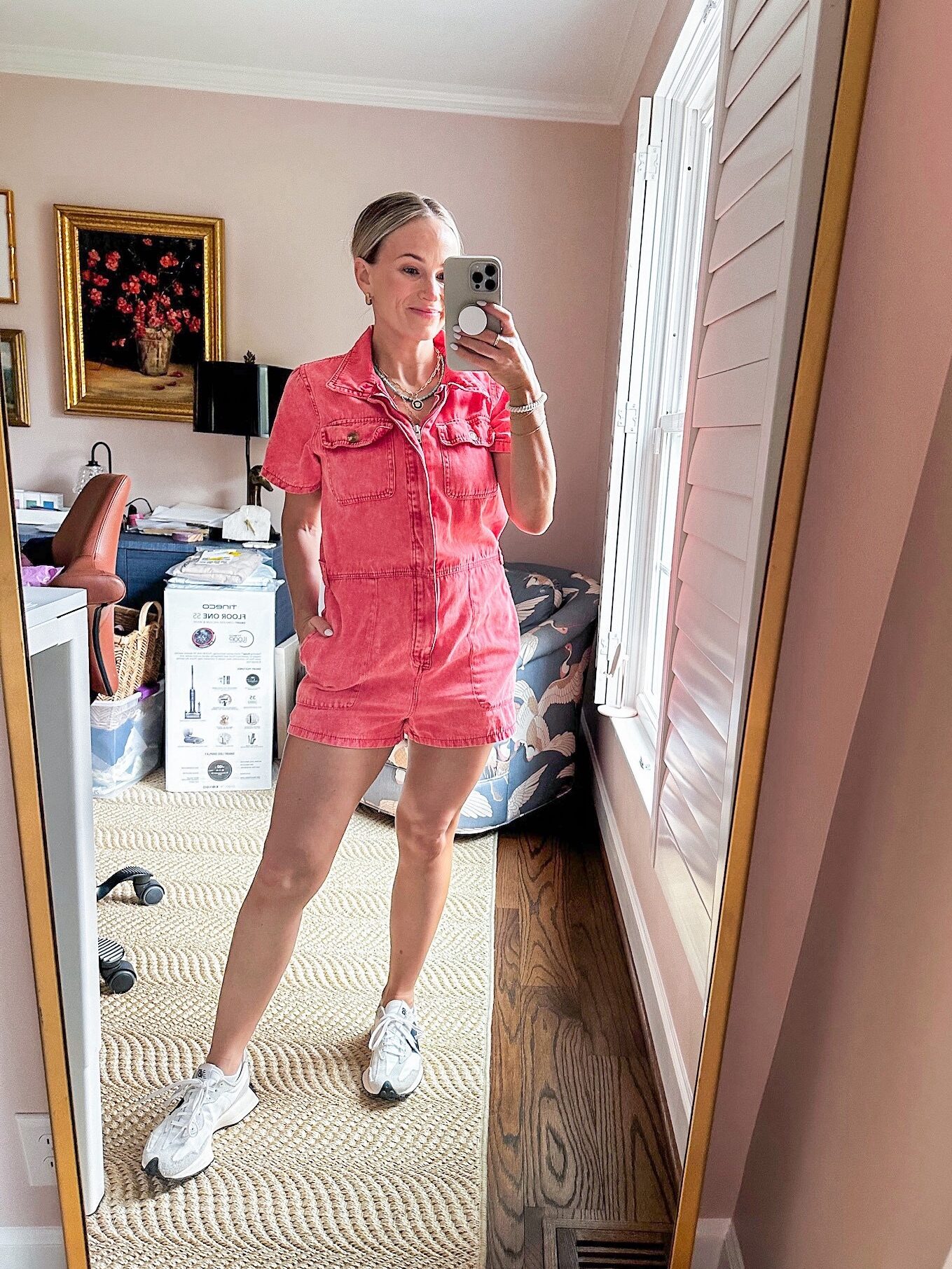 TeriLyn Adams taking a selfie and wearing Pink Denim Romper one of her Favorite Spring Amazon Dresses