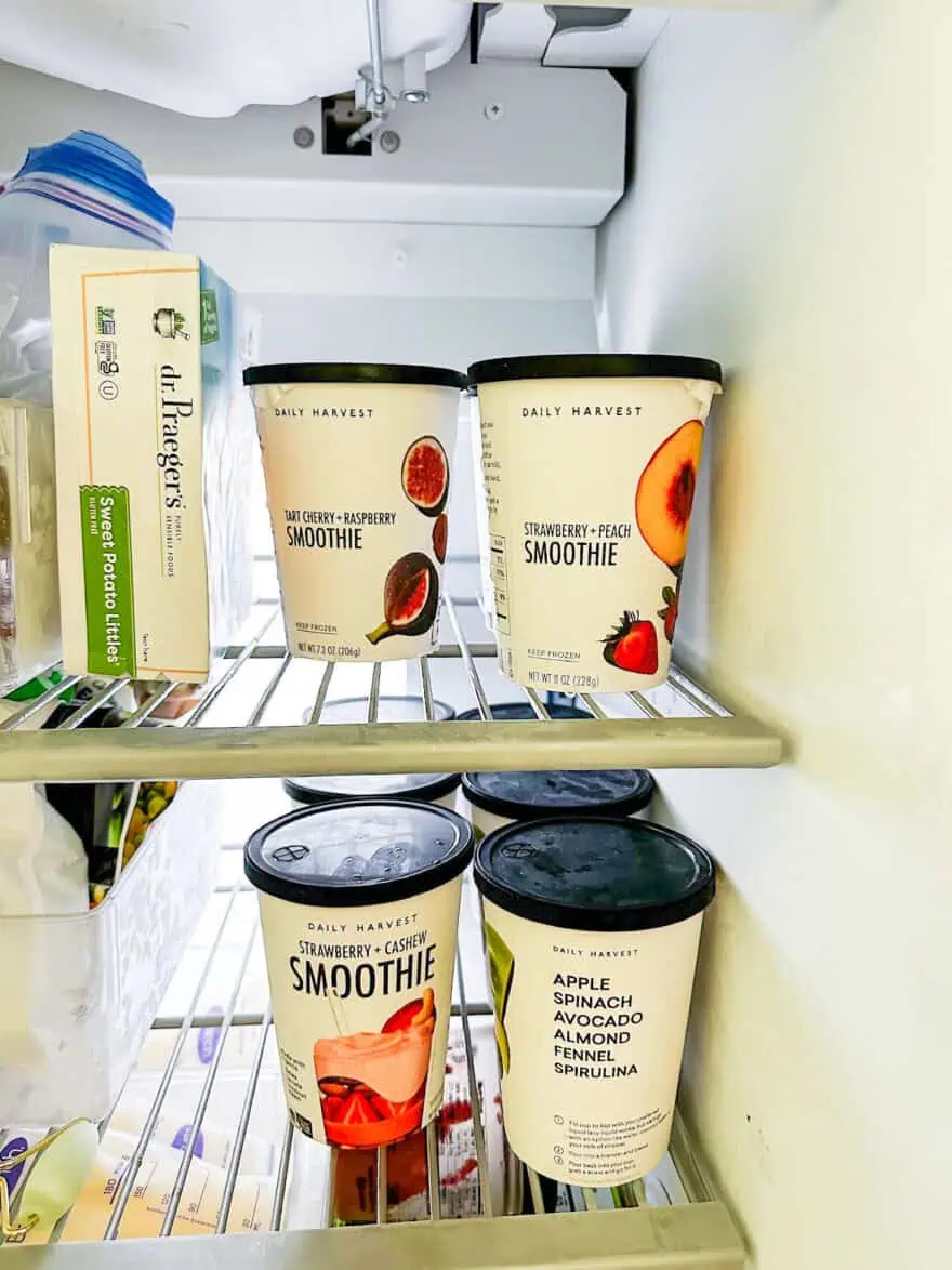 Freezer full of Daily Harvest Smoothies