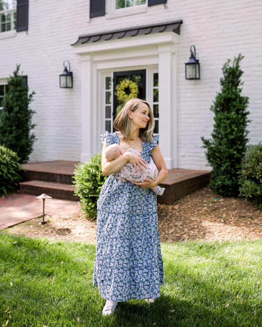 Woman wearing floral dress with velcro sneakers