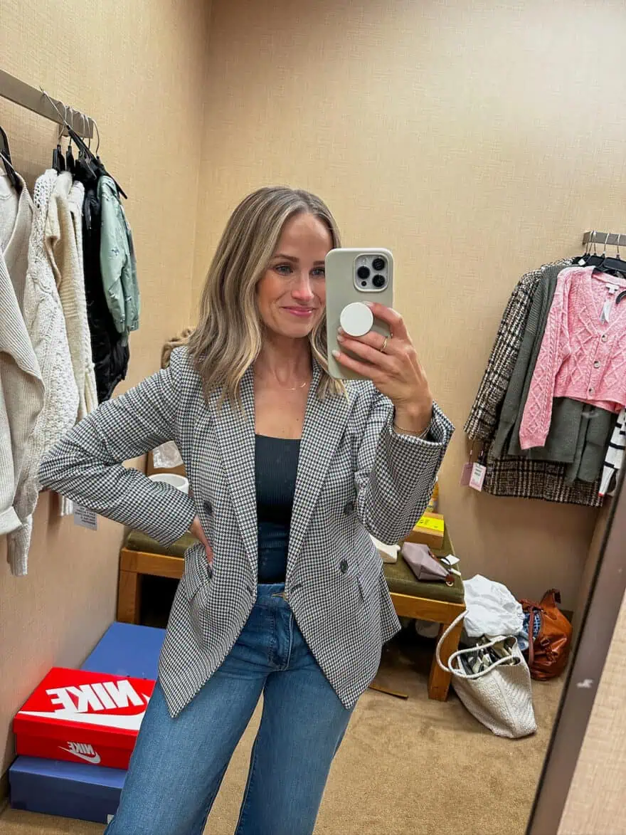 Woman wearing Theory Houndstooth Double Breasted Blazer 
