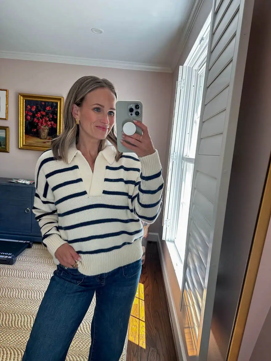 Woman wearing Madewell Dedham Stripe Polo Sweater