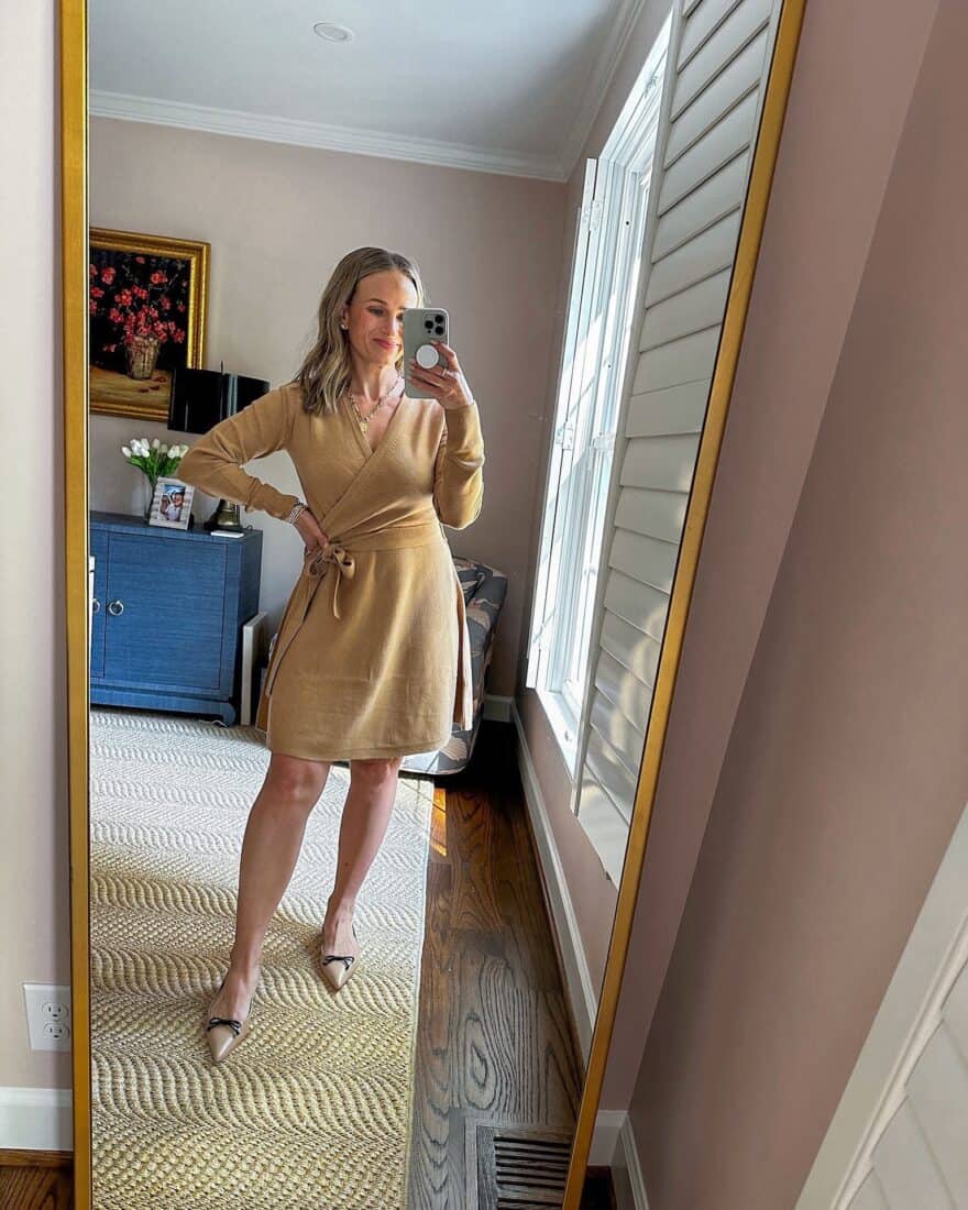 Woman wearing wrap dress