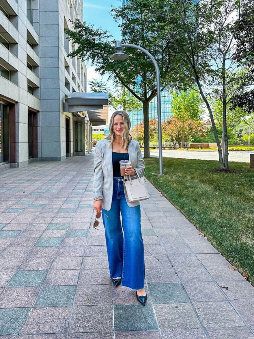 Woman wearing wide-leg jeans out on the town