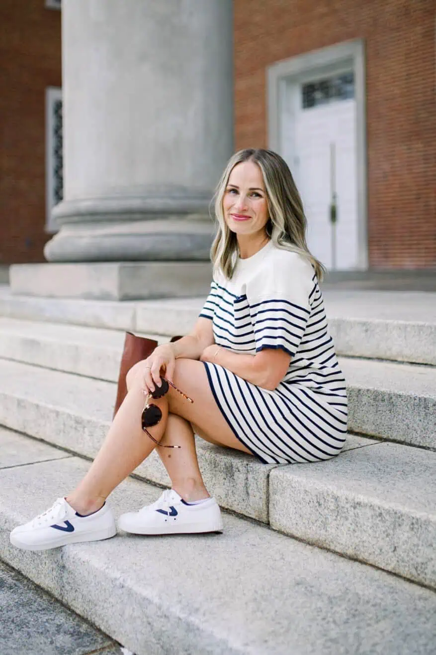 Woman wearing Navy Knit Striped Frenchie Dress