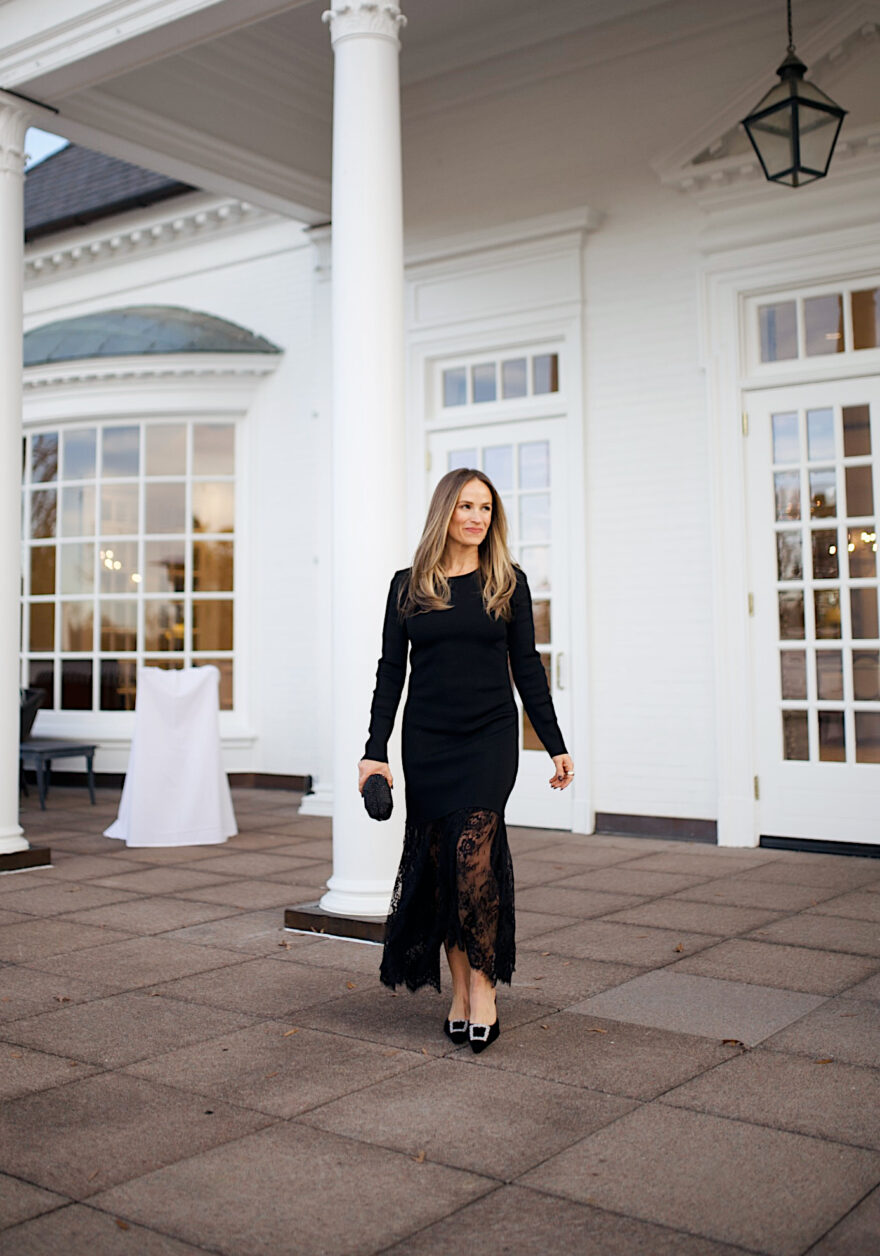 Woman wearing long black dress to a winter wedding