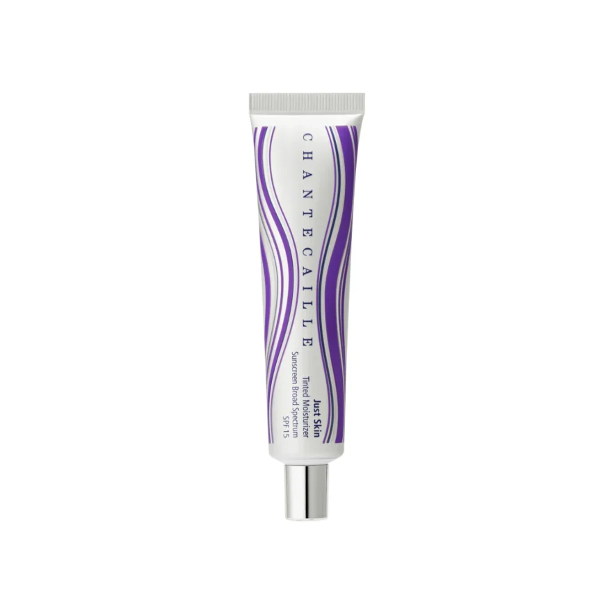 Chantecaille Just Skin Tinted Moisturizer SPF 15 tube, purple swirl design