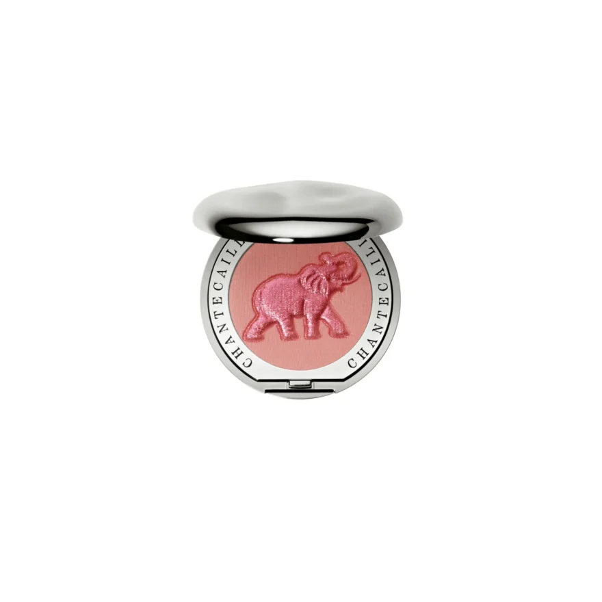 Chantecaille powder blush compact with pink elephant relief design, open