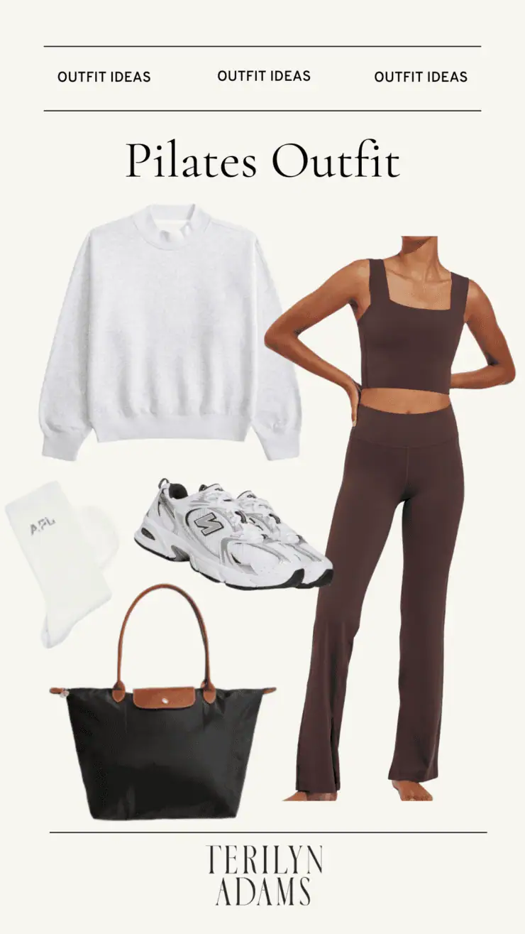 Graphic of Pilates outfit with matching brown set, sweatshirt, and tennis shoes