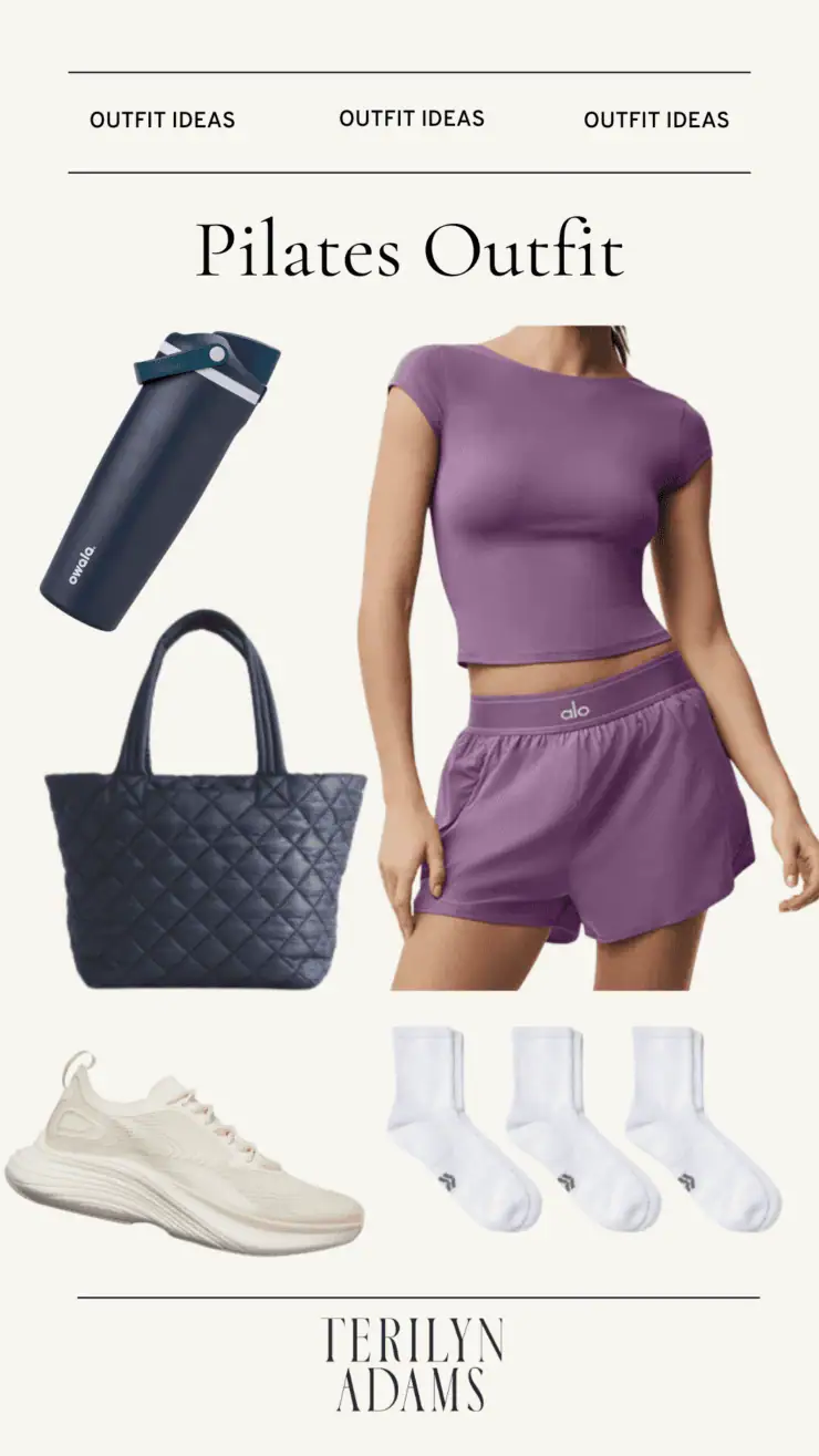 Graphic on Pilates outfit with alo matching shorts set and bag