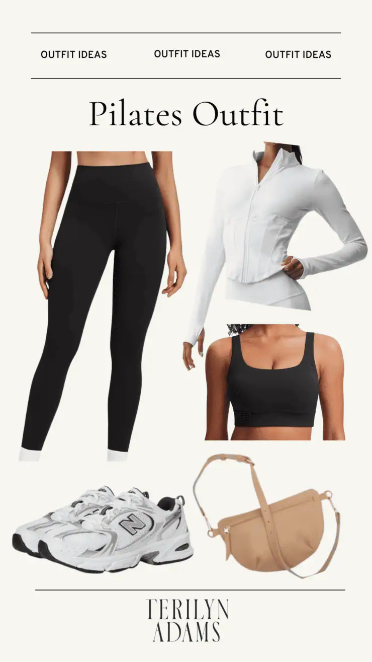 Graphic on Pilates outfit with black leggings and white jacket