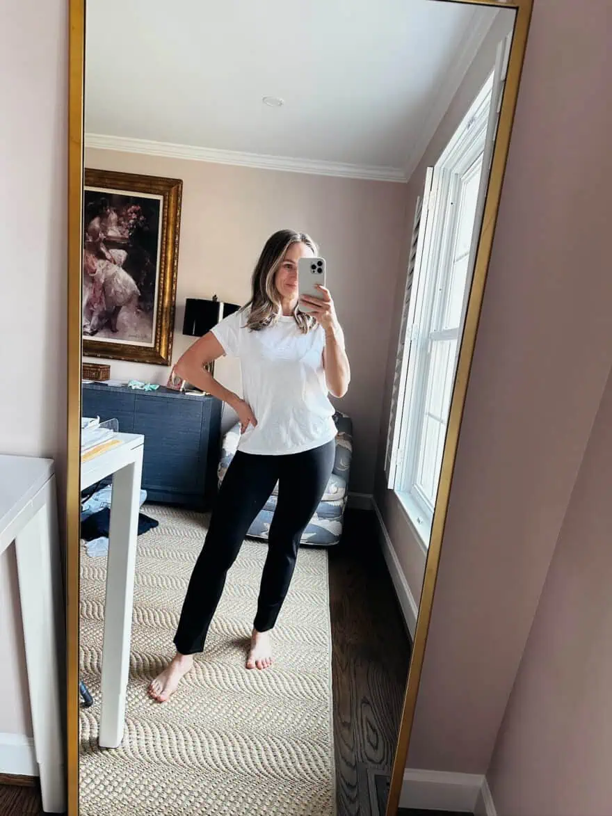 Woman wearing Quince denim