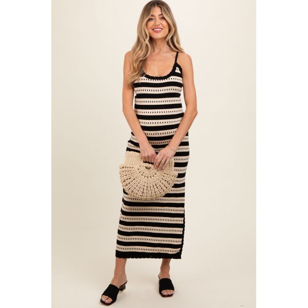 PinkBlush black and beige crochet stripe sleeveless maternity maxi dress