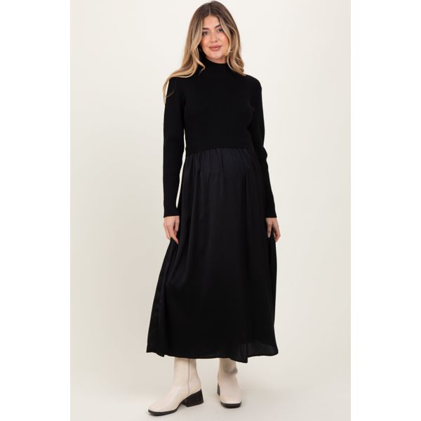 PinkBlush black knit contrast top satin maternity midi dress