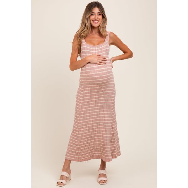 PinkBlush blush/cream striped rib fit and flare maternity midi dress