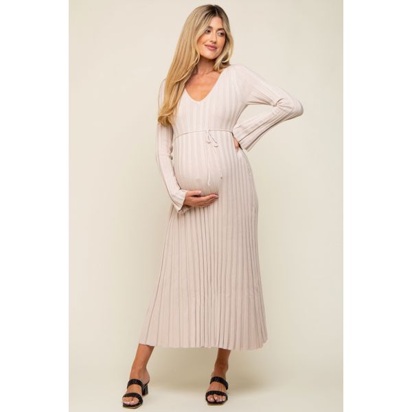 PinkBlush taupe ribbed knit maternity maxi dress with tie waist
