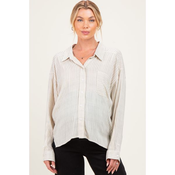 PinkBlush sage striped oversized sheer linen maternity button down