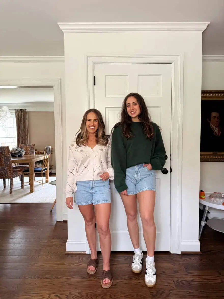 Two women wearing Abercrombie denim shorts
