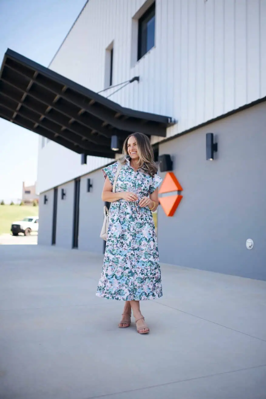 Woman wearing floral long dress for church