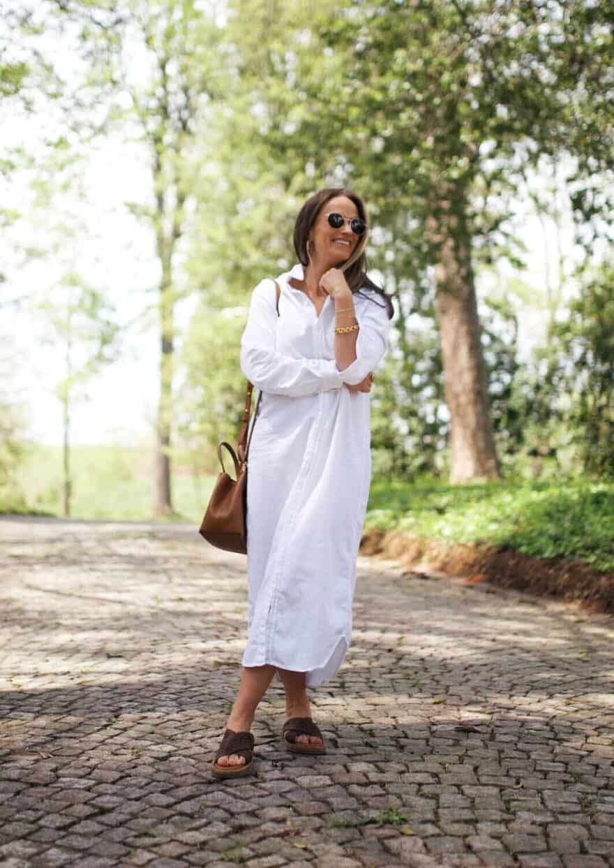 TeriLyn Adams wearing a Frank & Eileen maxi shirtdress and neutral sandals
