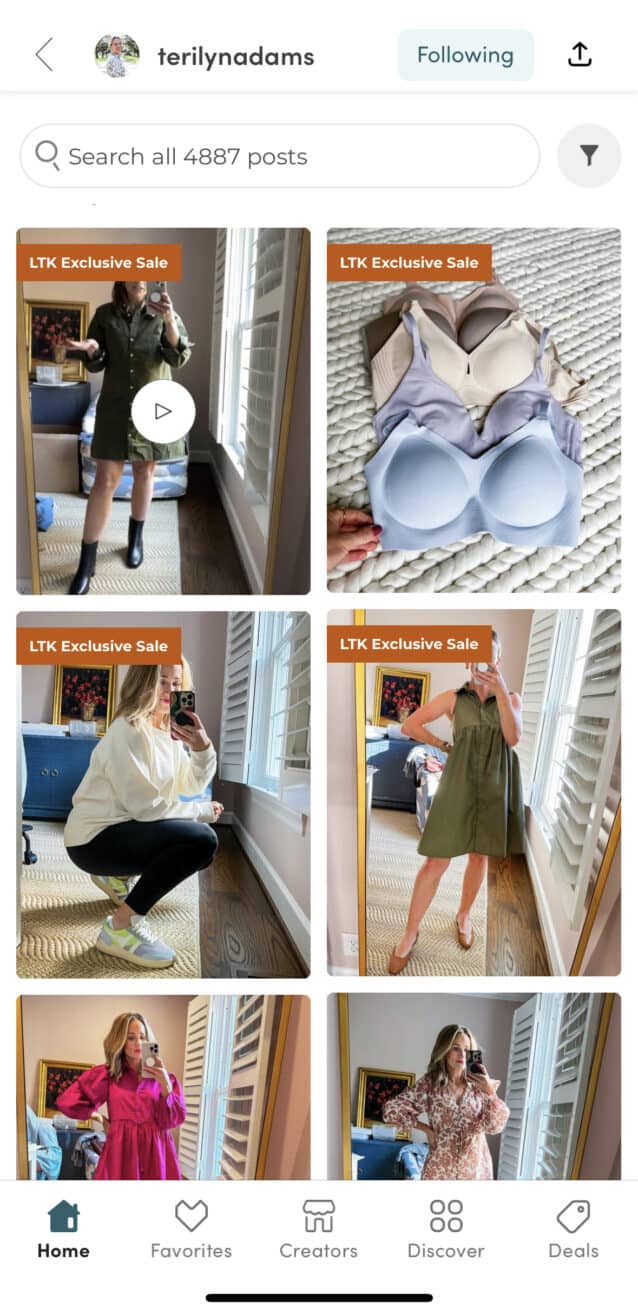 Screenshot of LTK app with sale items marked as LTK Exclusive Sale