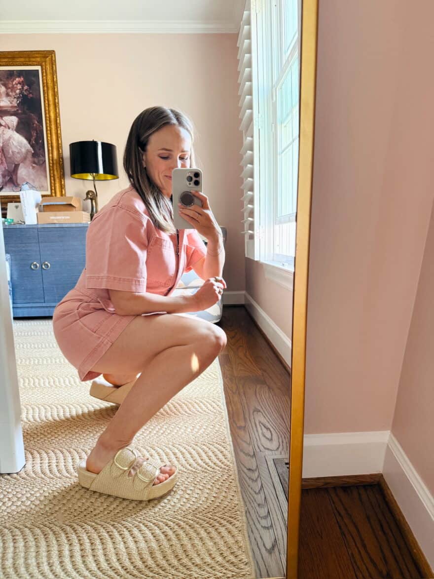 Woman showing side view of raffia platform sandals from Amazon