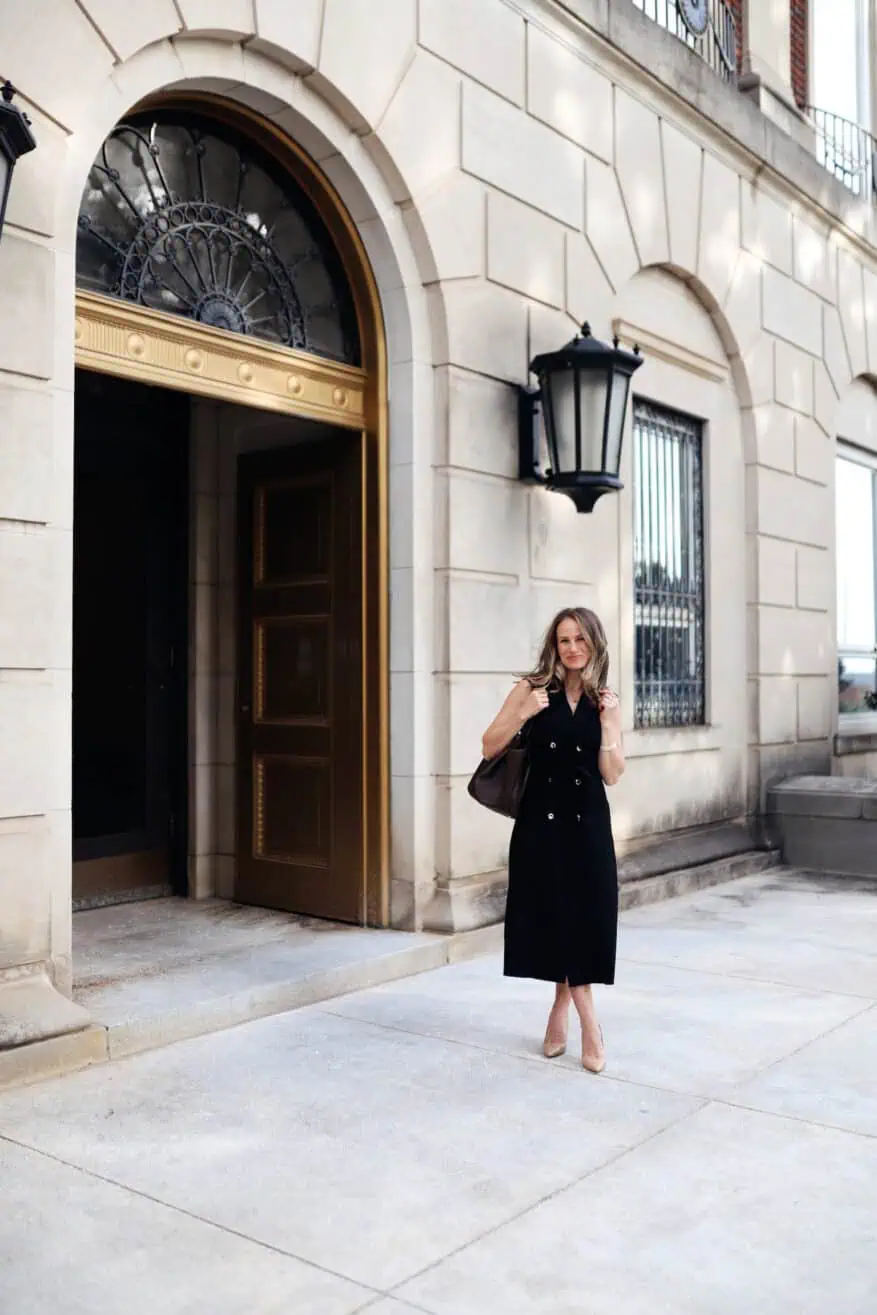 Woman wearing a black dress and Sam Edelman Hazel Pump