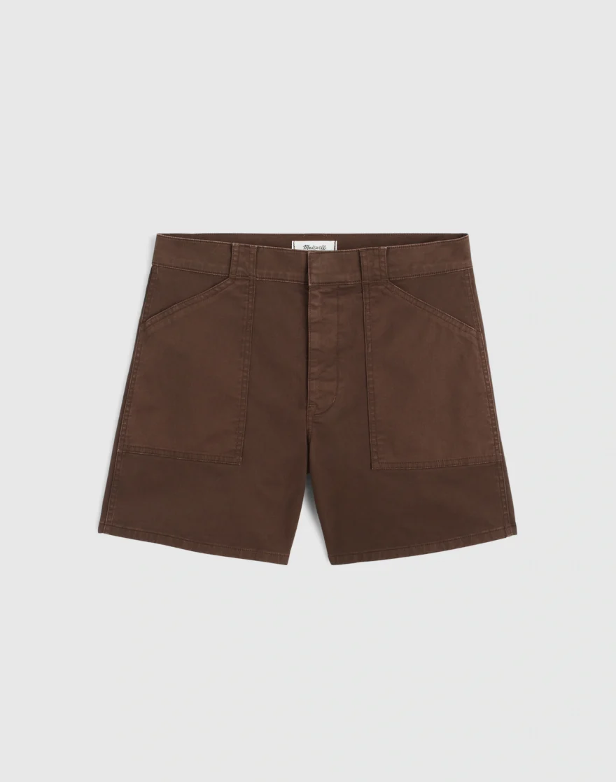Madewell Essex Utility Short in brown stretch twill with patch pockets