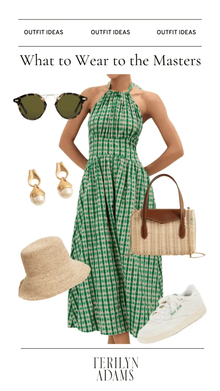 What to Wear to the Masters graphic with green dress, earrings, purse, and sunglasses