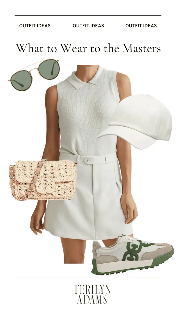 What to Wear to the Masters graphic with white top, pants, and hat with raffia bag and sunglasses
