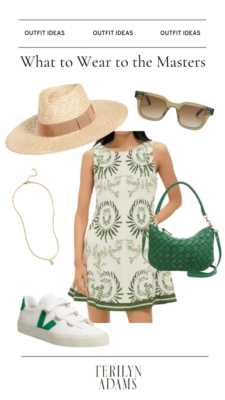 What to Wear to the Masters graphic with fedora hat, mini dress, and sneakers