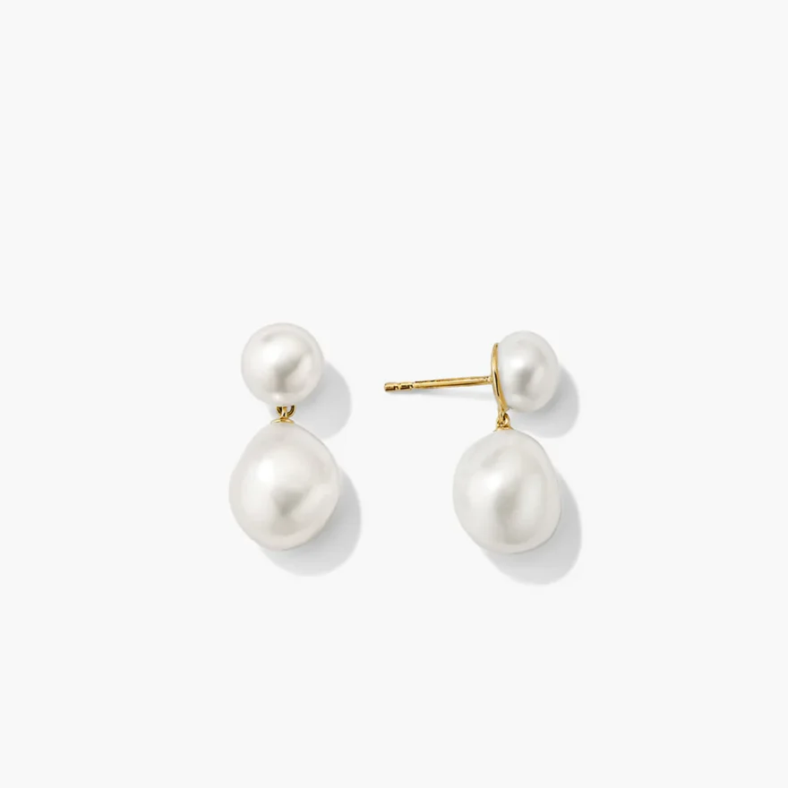Mejuri Bold Pearl Drop Earrings with round pearl stud and larger baroque pearl drop on gold post