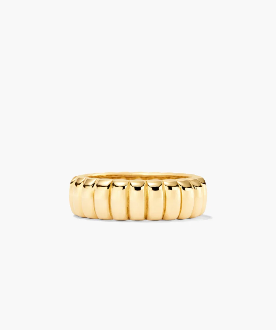Mejuri Charlotte Ring in 14k yellow gold with ribbed band design against white background