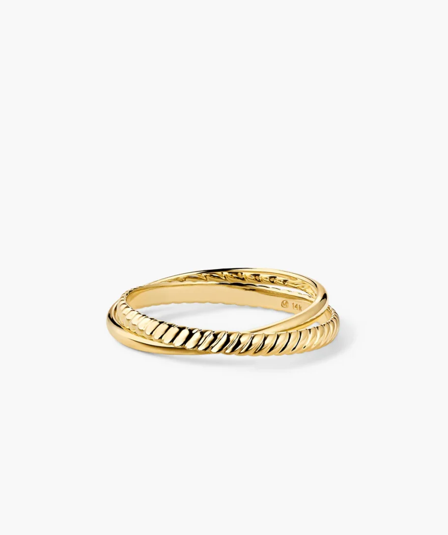 Mejuri Duo Ring in 14k gold with smooth and ribbed bands intertwined, Mejuri 14k stamp visible