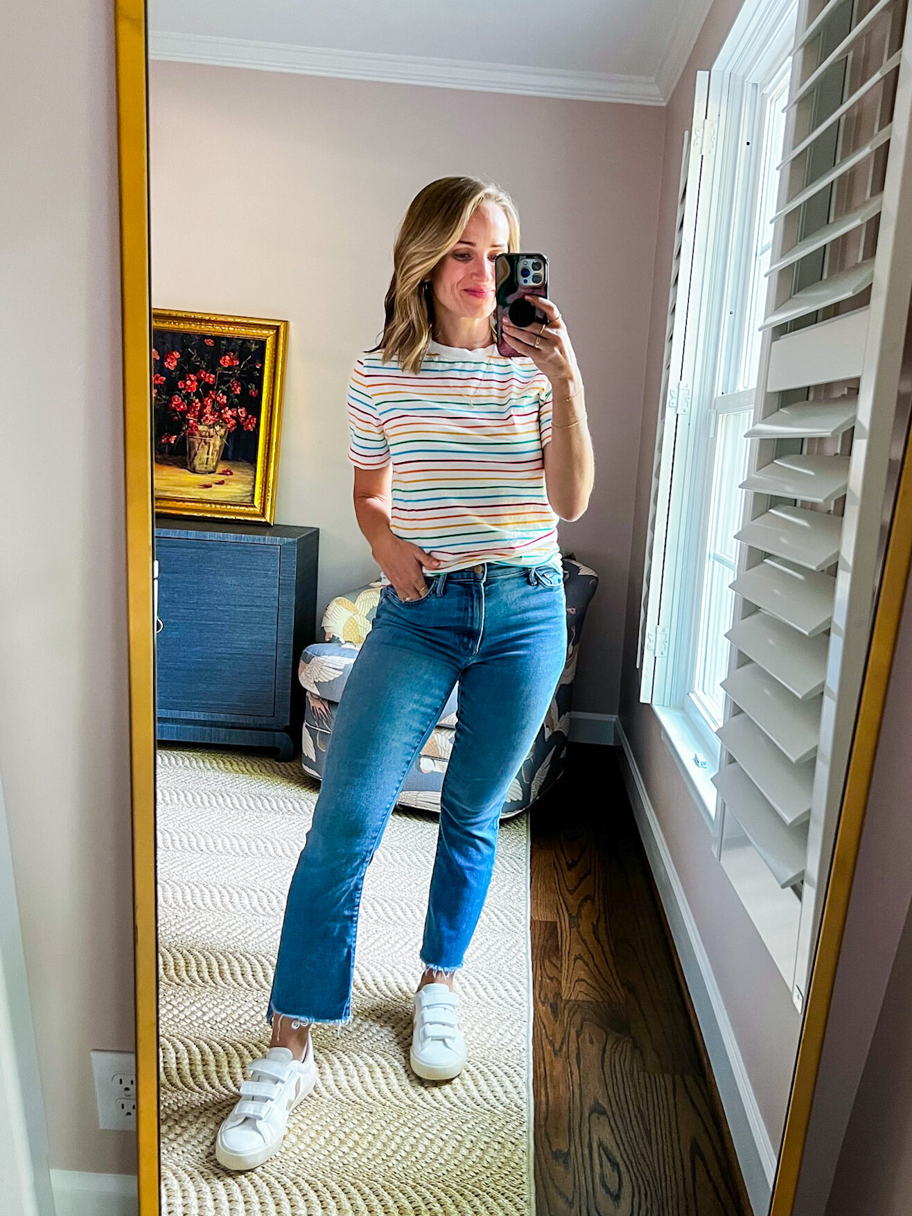 woman wearing Striped Tee and Blue Jeans