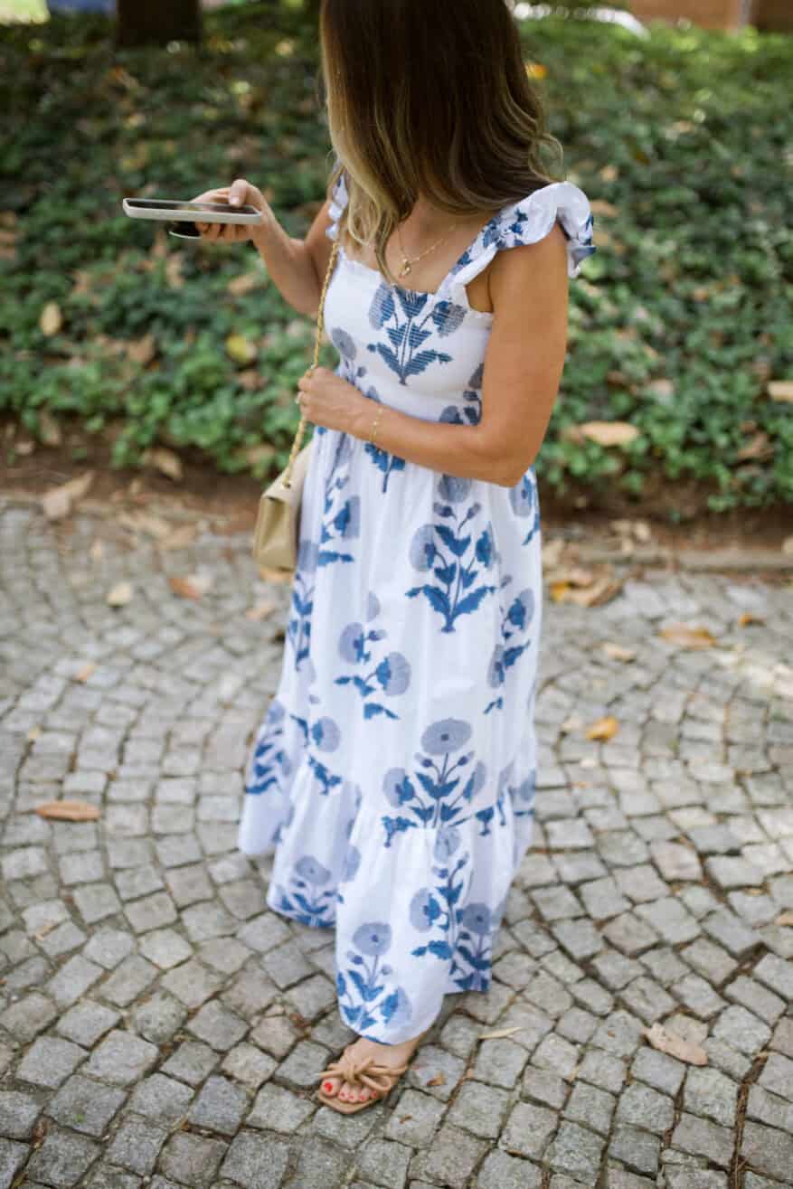 TeriLyn Adams wearing maxi dress with loeffler randall bow sandals
