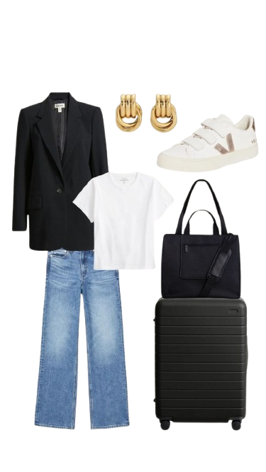 Black blazer, white tee, wide-leg jeans, gold earrings, sneakers, tote, and luggage laid out flat
