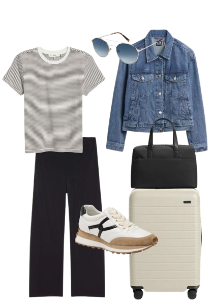 Striped tee, black pants, denim jacket, sneakers, sunglasses, and travel bags laid out flat