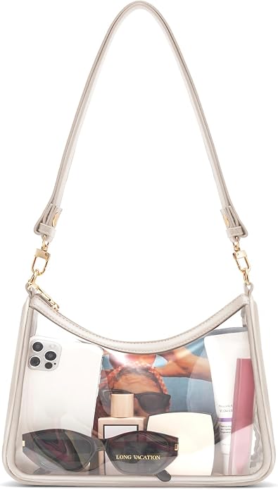 Clear shoulder purse from Amazon with beige trim and gold hardware