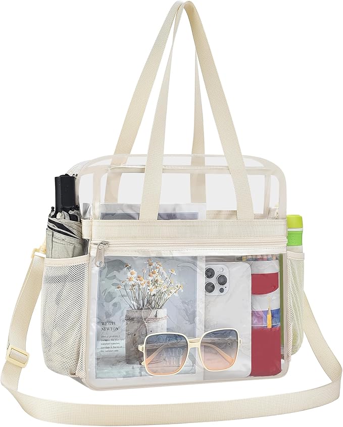 Clear stadium tote from Amazon with side pockets and crossbody strap