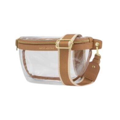 Katie Loxton clear belt bag with tan trim and striped strap