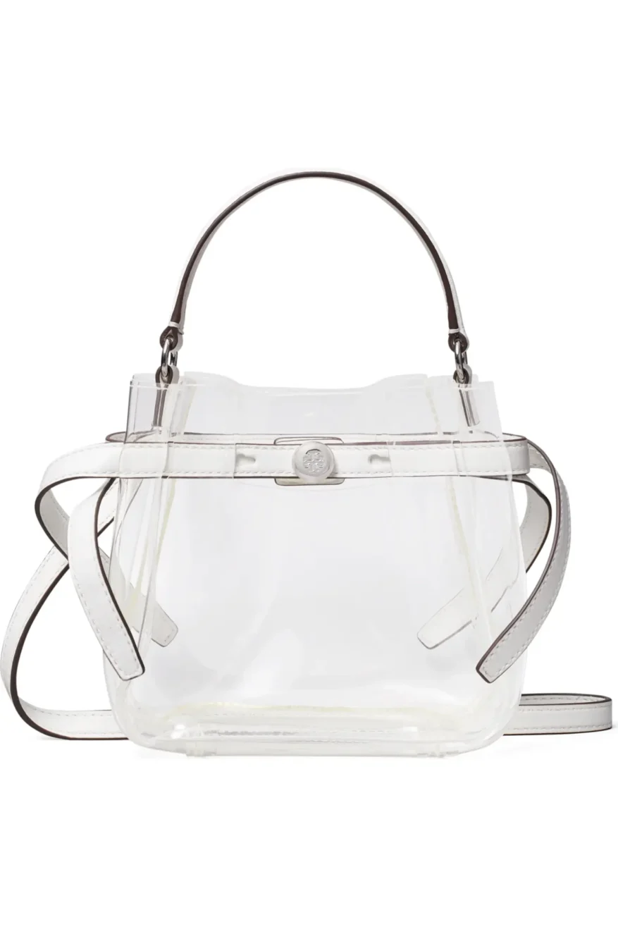 Tory Burch Mini Romy clear bucket bag with white leather trim