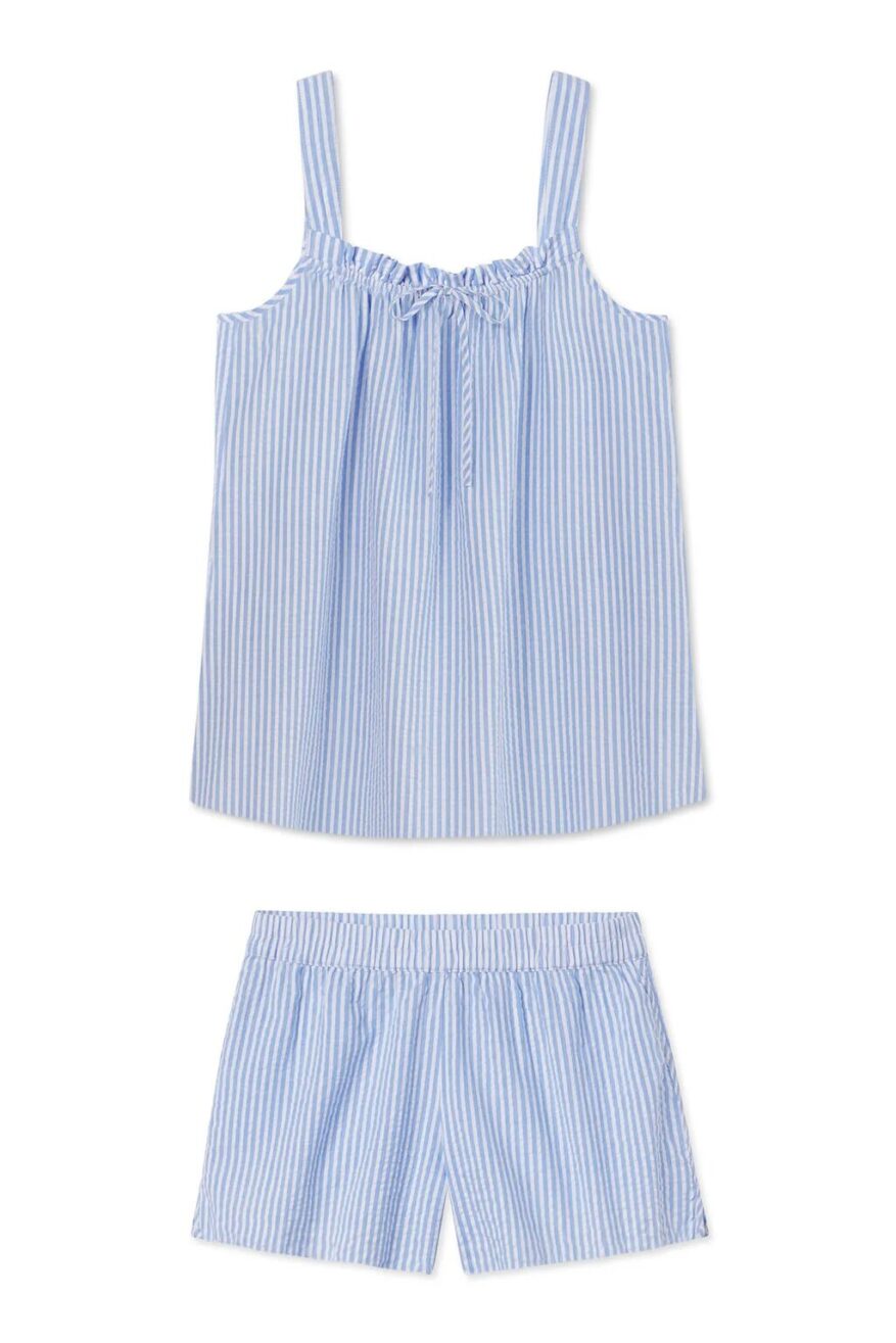 LAKE Alice Seersucker Shorts Set in blue and white stripe with ruffled bow-neck cami and shorts