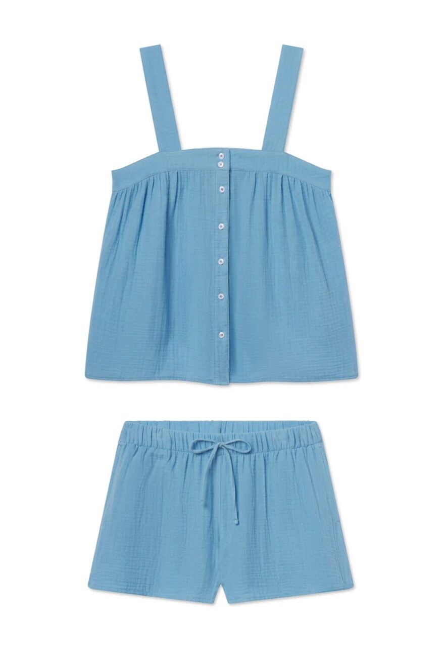 LAKE Cotton Gauze Hamptons Set in blue with square-neck button-front cami and drawstring shorts