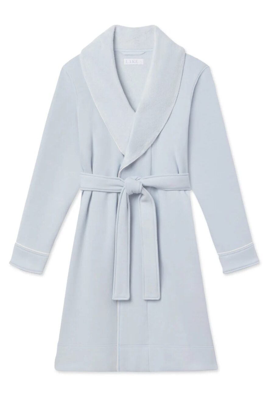 LAKE Cozy Robe in French Blue with plush shawl collar, tie belt, and white piping